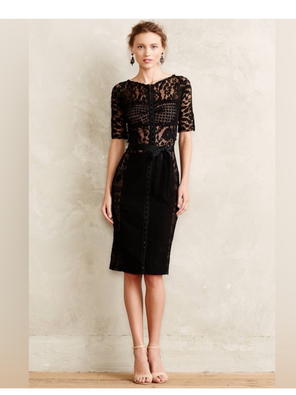 Byron Lars Black Lace Sheath Dress with Satin Waist Tie